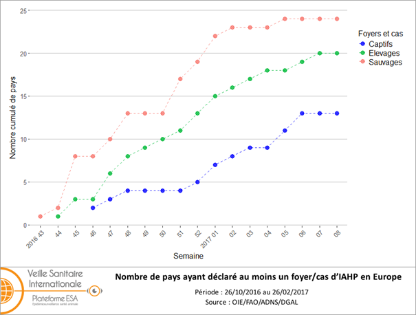 Figure 2 : Nombre cumulé par semaine de pays ayant déclaré au moins un foyer/cas d’IAHP en Europe (UE et Suisse) du 26 octobre 2016 au 26 février 2017 (inclus) (source: ADNS/OIE/DGAL)