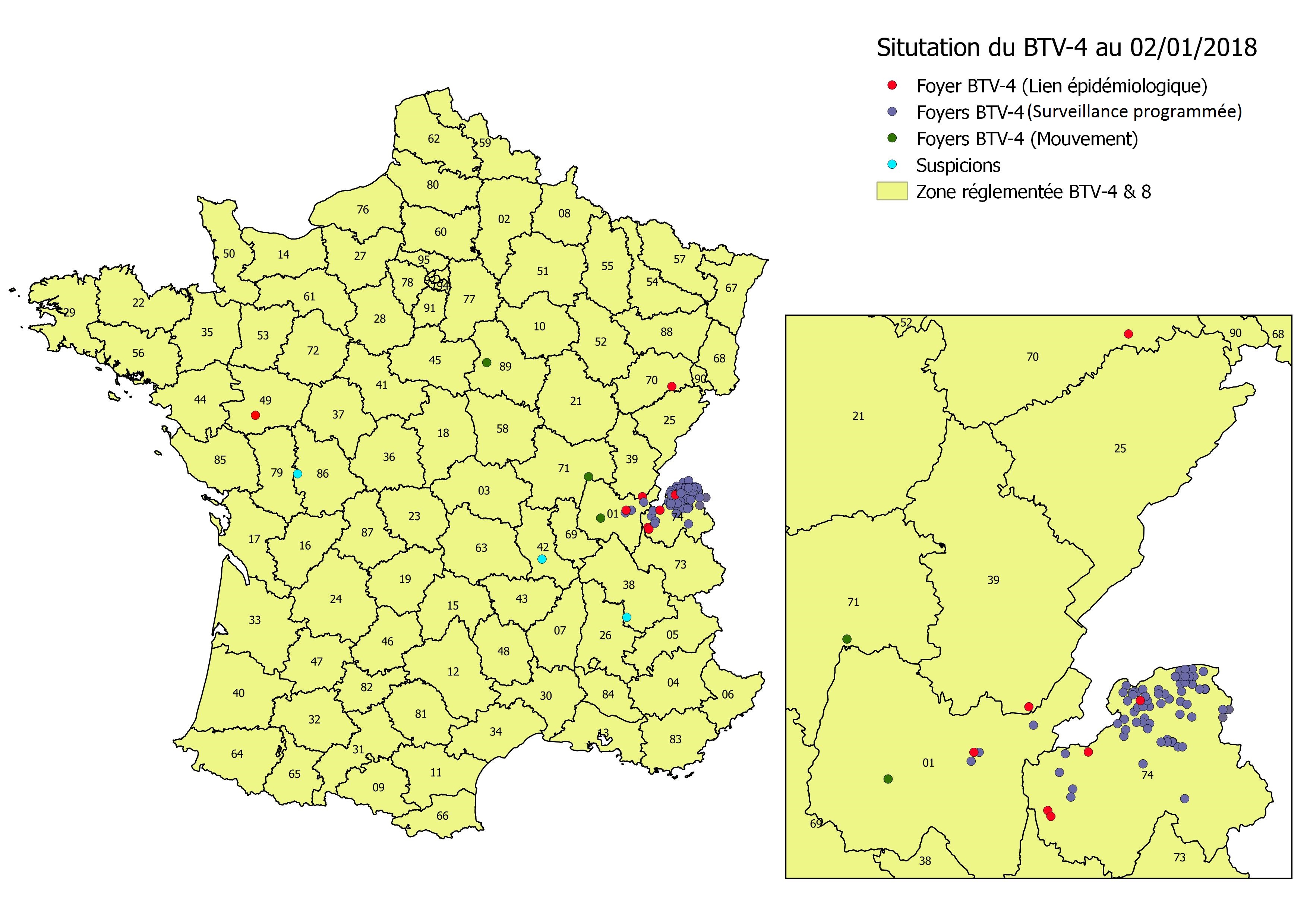 Figure 3– Zone réglementée BTV-4 & 8 et foyers BTV-4 au 2 janvier 2018