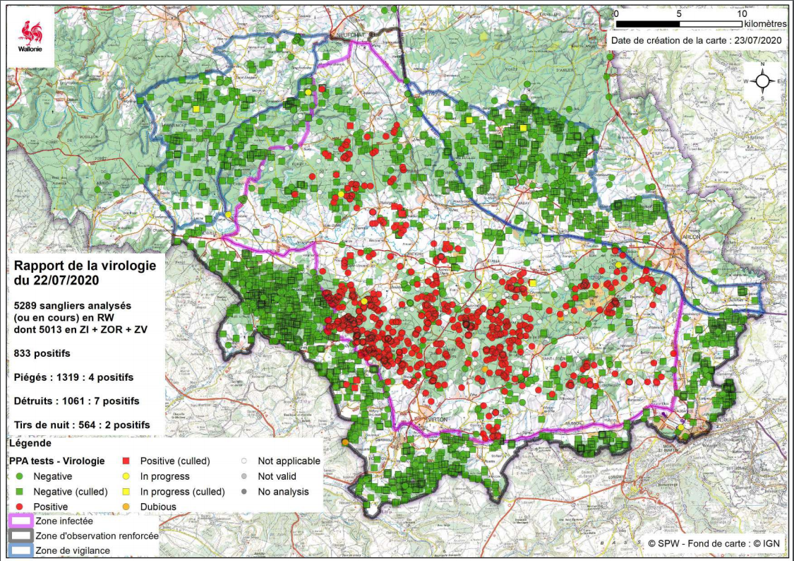 Figure 3 : Carte des prélèvements réalisés sur des sangliers en Belgique