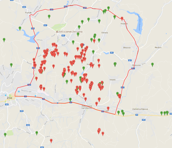 Figure 5: Cas positifs (en rouge) de PPA dans le district de Zlin en République tchèque