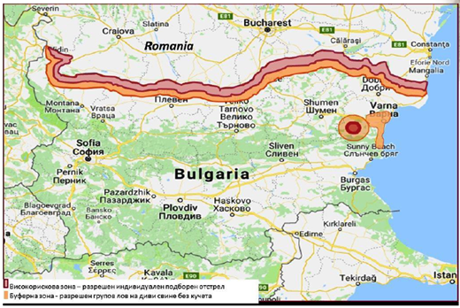 Figure 5. Délimitation d'une zone à haut risque (rouge) et d'une zone tampon (orange) pour la chasse