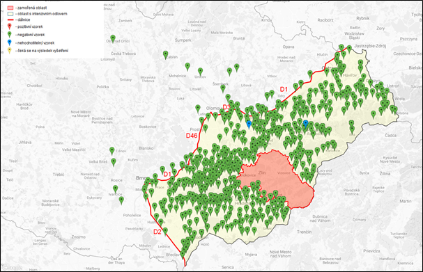 Figure 5: Sangliers sauvages chassés dans une zone tampon (zone verte) autour de la commune de Zlin