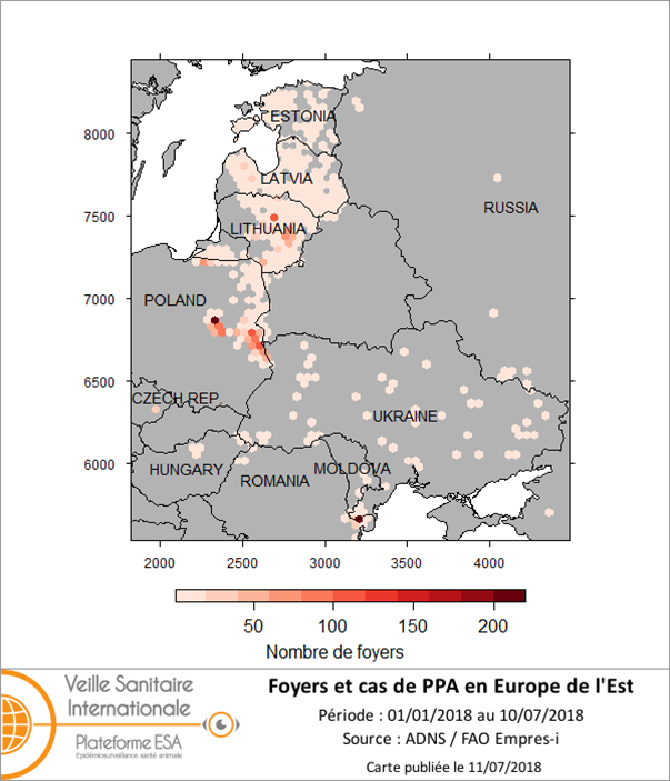 Figure : Distribution des foyers de PPA en 2018 en Europe au 10 juillet 2018