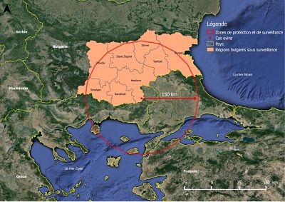 Figure 1. Zones de protection et de surveillance (en orange) mises en place en Bulgarie suite aux cas confirmés de FCO.