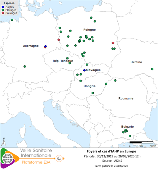 Foyers en élevages de volailles (points verts) et cas en avifaune captive (points bleus) et avifaune sauvage (points rouges) d’IAHP H5 confirmés en Europe du 30/12/2019 au 26/03/2020