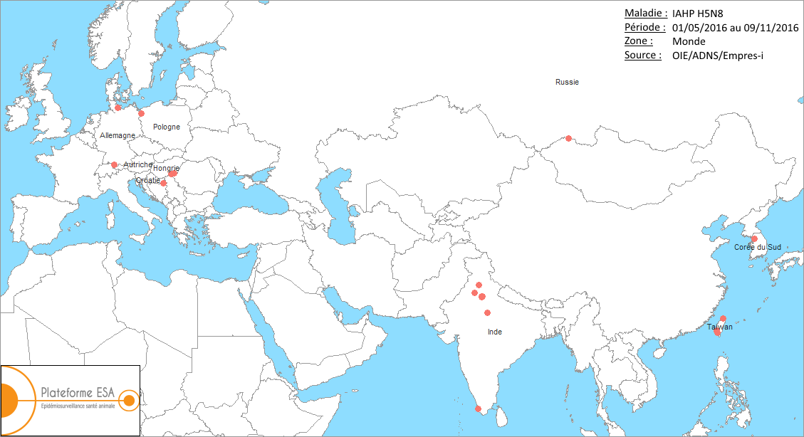 Figure 1 : Carte mondiale des foyers de IAHP H5N8 déclarés entre le 1er mai 2016 et le 9 novembre 2016 (source OIE/ADNS/Empres-i).