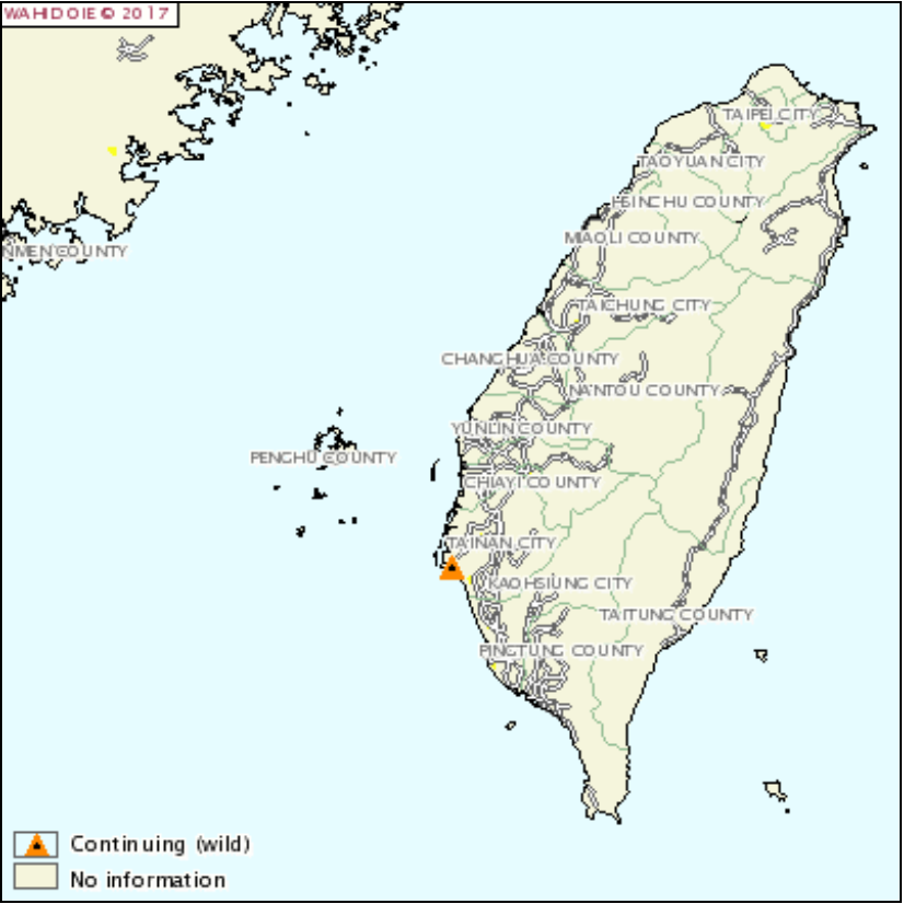 Figure 1 : Cas d'IAHP H5N6 déclaré dans le Taipei chinois le 4 décembre 2017 (source : OIE)