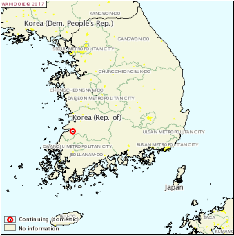 Figure 2 : Foyer d'IAHP H5N6 déclaré en Corée du Sud le 19 novembre 2017 (source : OIE)