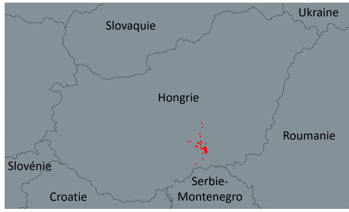 Localisation des foyers domestiques d’IAHP H5 en élevages de volailles confirmés en Hongrie du 25/03/2020 au 07/04/2020