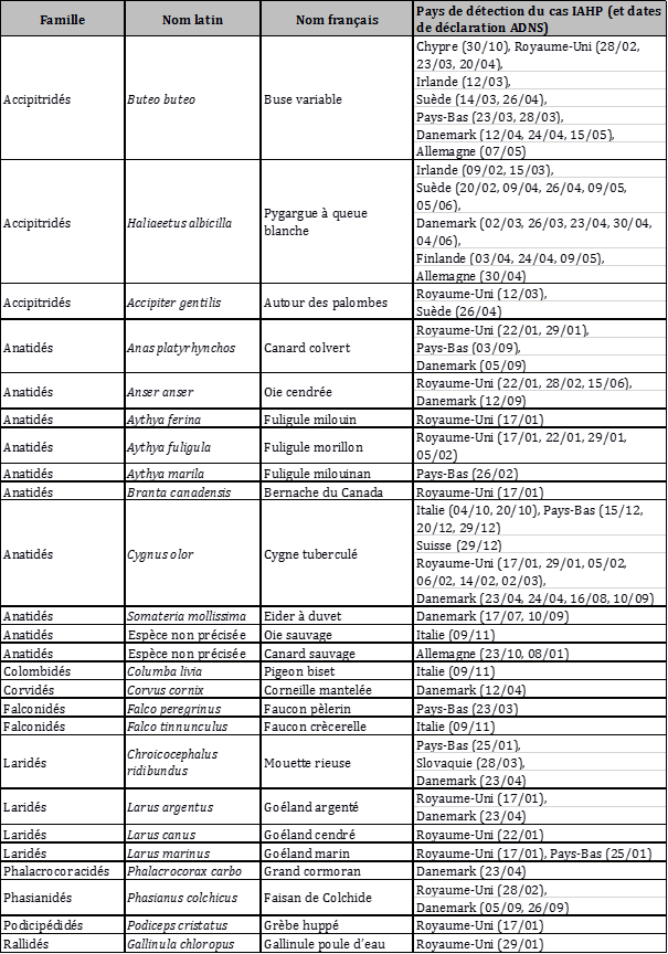 Liste des espèces d'avifaune sauvage impliquées dans les cas d'IAHP en Europe du 1er octobre 2017 au 14 octobre 2018 (source : ADNS)