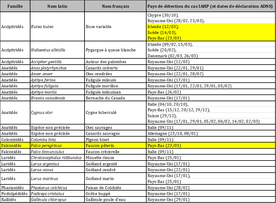 Tableau 2: Liste des espèces d'avifaune sauvage impliquées dans les cas d'IAHP en Europe du 1er octobre 2017 au 26 mars 2018 (source : ADNS) (en jaune : les nouvelles espèces/localisations depuis le dernier point)