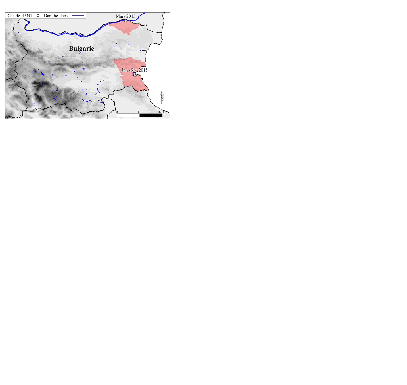 Figure 1. Les foyers de H5N1 en Bulgarie en 2015