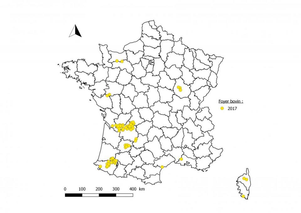 Figure 1. Carte des foyers bovins déclarés infectés de tuberculose