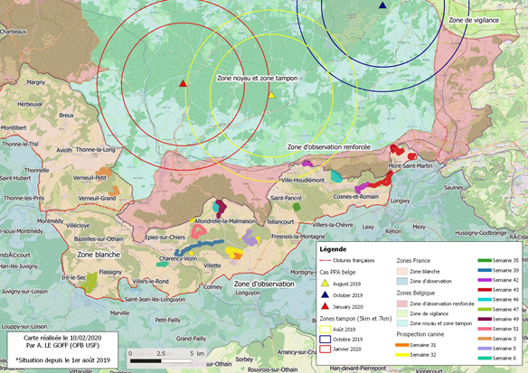 Carte Synthèse des zones ratissées et prospection canine depuis la semaine 32