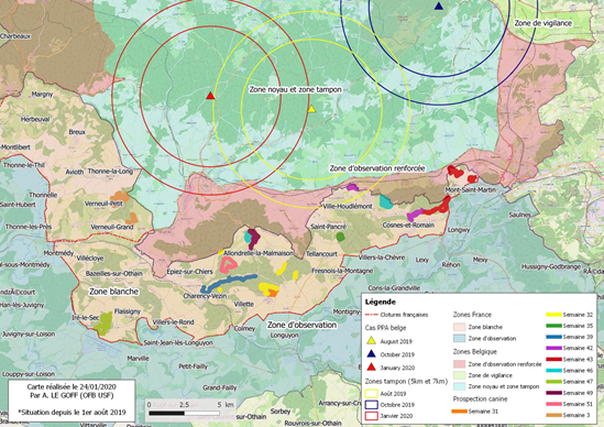 Carte Synthèse des zones ratissées* et prospection canine depuis la semaine 32