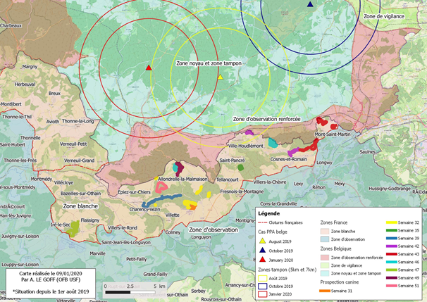 Carte Synthèse des zones ratissées* et prospection canine depuis la semaine 32 