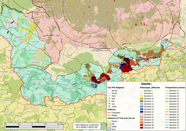 Synthèse des zones ratissées des semaines 7 à 29 avec circuits de prospection canine semaines 11 à 31