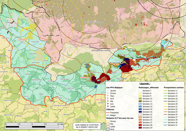 Carte Synthèse des zones ratissées des semaines 7 à 29 avec circuits de prospection canine semaines 11 à 31