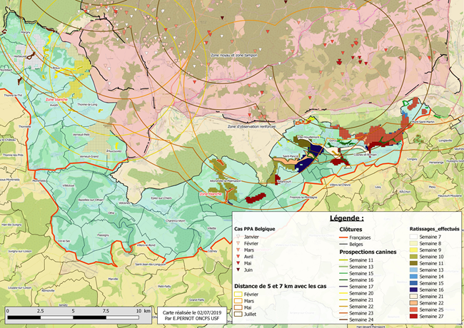 Carte Synthèse des zones ratissées des semaines 7 à 27 avec circuits de prospection canine semaines 11 à 27