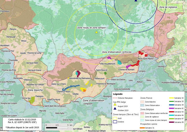 Carte Synthèse des zones ratissées et prospection canine depuis la semaine 32