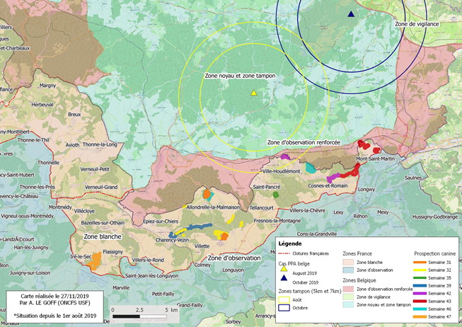 Carte Synthèse des zones ratissées* et prospection canine depuis la semaine 32