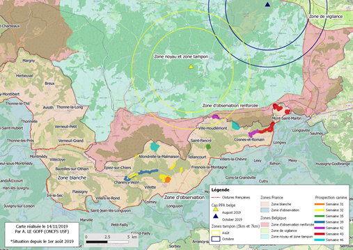 Carte Synthèse des zones ratissées* et prospection canine depuis la semaine 32