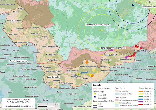 Synthèse des zones ratissées et prospection canine depuis la semaine 32