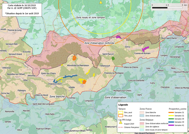 Synthèse des zones ratissées et prospection canine depuis la semaine 32