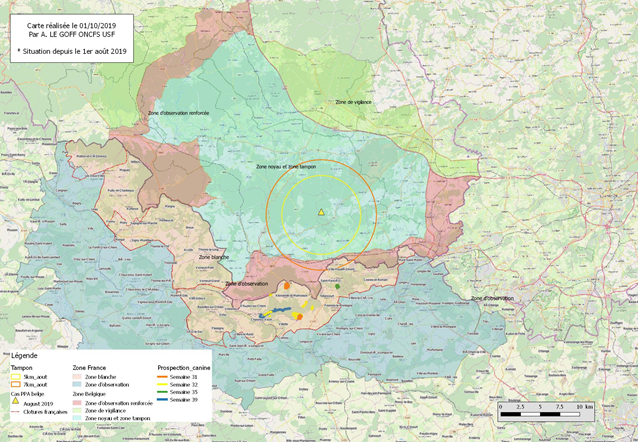 Synthèse des zones ratissées et prospectées avec chiens depuis la semaine 32