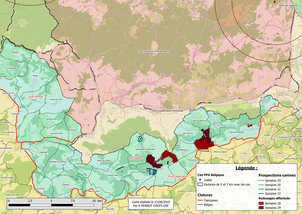 Synthèse des zones ratissées et prospectées avec chiens durant les 6 dernières semaines