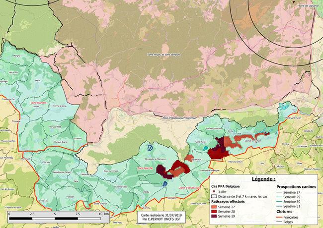 Carte Synthèse des zones ratissées et prospectées avec chiens durant les 6 dernières semaines