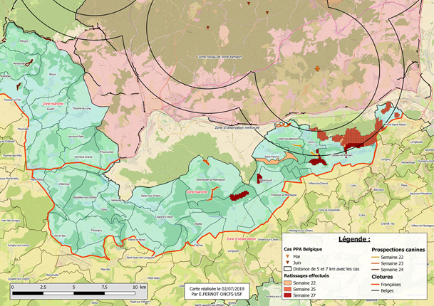 Carte Synthèse des zones ratissées et prospectées avec chiens durant les 6 dernières semaines