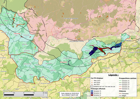 Carte Synthèse des zones ratissées et prospectées avec des chiens