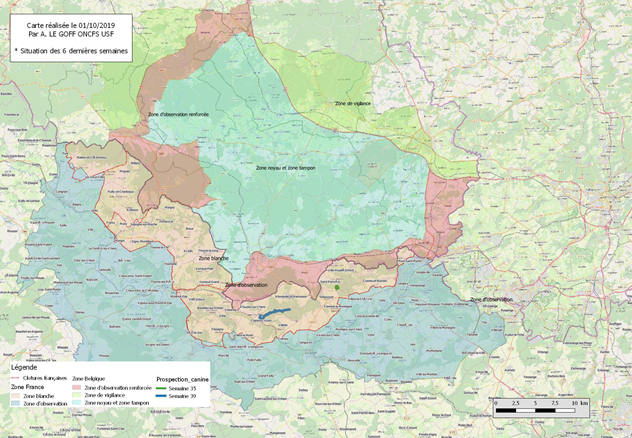 Synthèse des zones ratissées et prospectées avec chiens durant les 6 dernières semaines