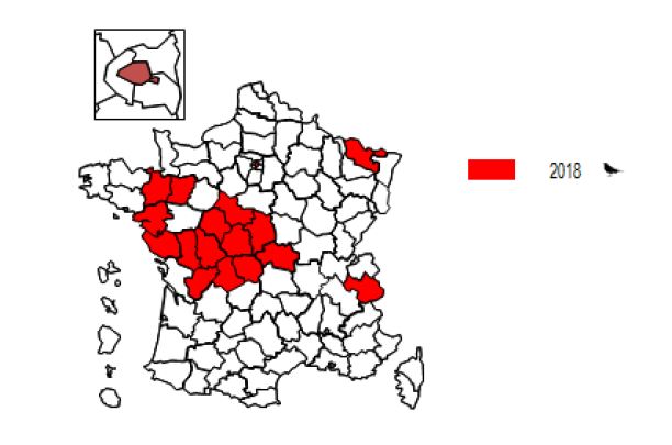 Départements français avec isolement d’USUV chez des oiseaux en 2018