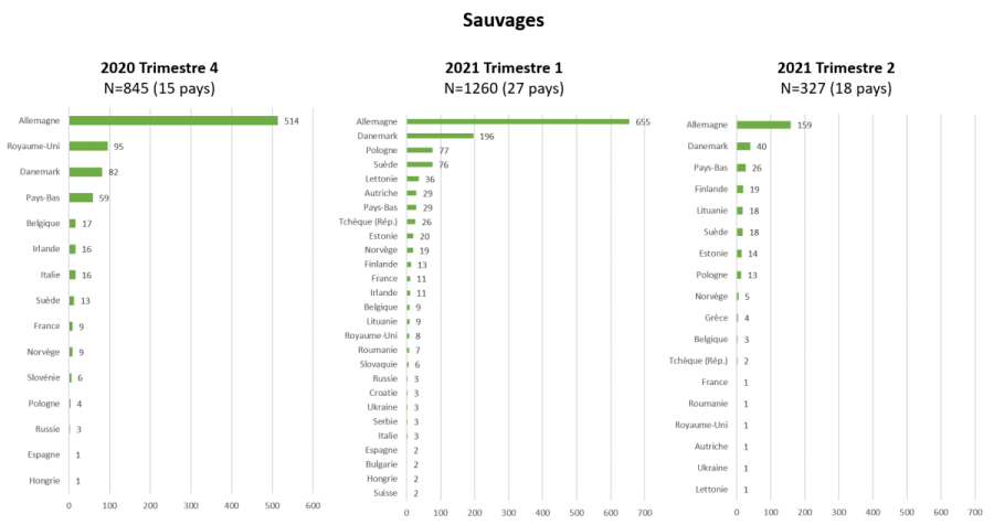 Nombre de cas en faune sauvage d’IAHP H5 en Europe par pays