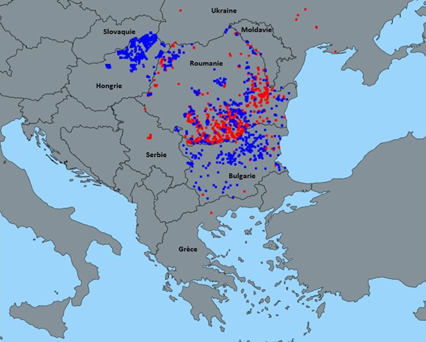 Localisation des foyers domestiques (rouge) et cas faune sauvage (bleu) de peste porcine africaine confirmés en Europe