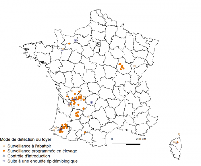 Répartition géographique, en France métropolitaine, des 104 foyers de tuberculose bovine déclarés