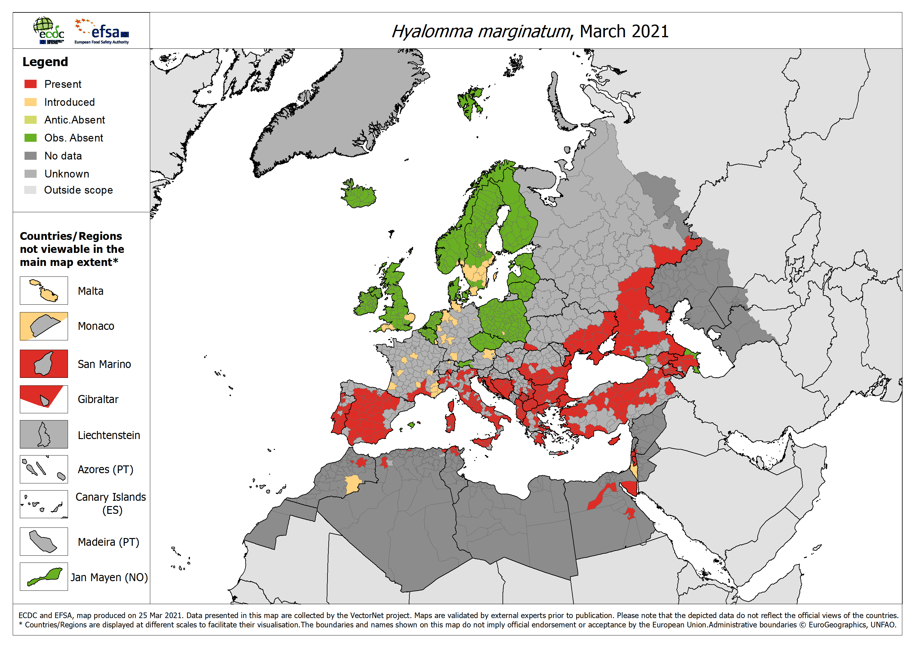 Distribution de Hyalomma marginatum en Europe et sur le pourtour méditerranéen en mars 2021