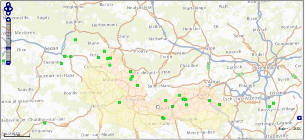 carte localisation des cadavres de sangliers soumis à la recherche de ppa