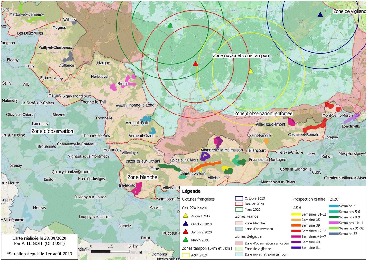 Synthèse des zones ratissées et prospection canine depuis la semaine 32