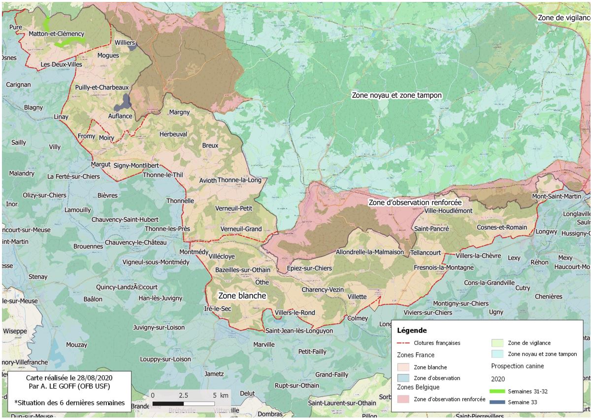 Synthèse des zones ratissées et prospection canine durant les 6 dernières semaines