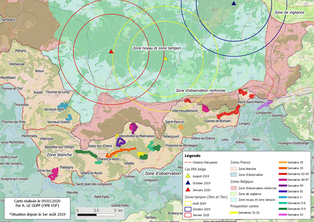 Carte Synthèse des zones ratissées et prospection canine depuis la semaine 32