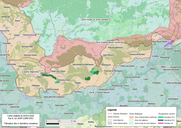 Synthèse des zones ratissées et prospection canine durant les 6 dernières semaines