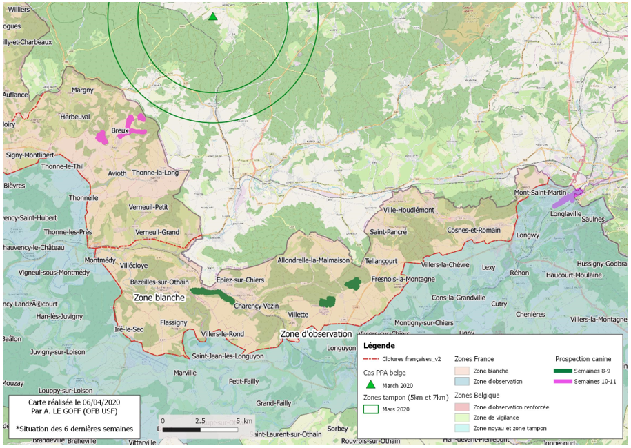 Synthèse des zones ratissées et prospection canine durant les 6 dernières semaines