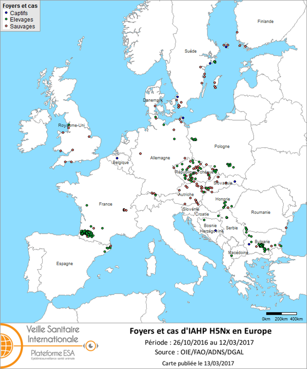 Carte des foyers et de cas d’IAHP H5Nx déclarés dans l’UE