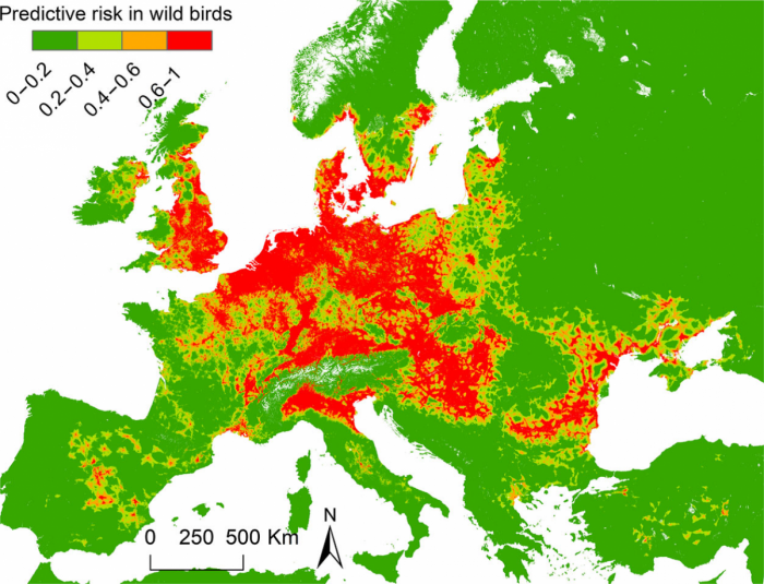 Figure 1. Carte prédictive du risque relatif d’apparition de foyers d’IAHP H5 chez les oiseaux sauvages en Europe