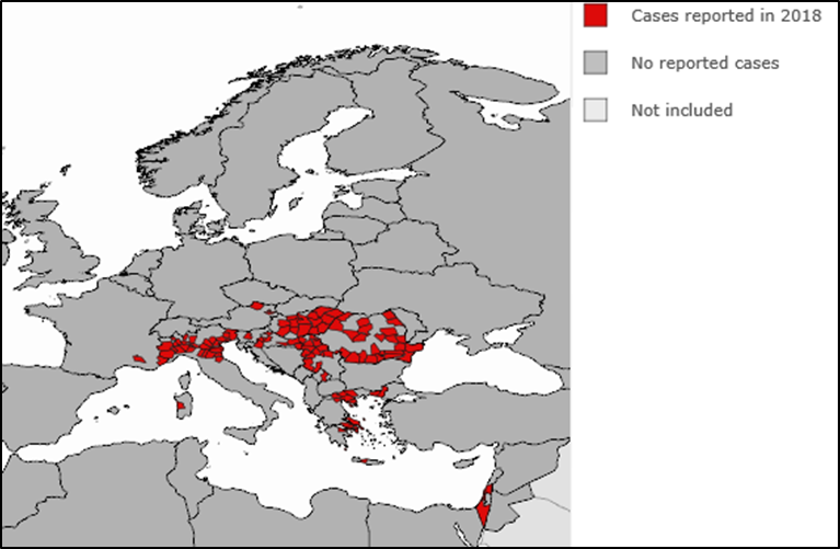 Figure. Cas humains de fièvre West Nile rapportés par l’ECDC