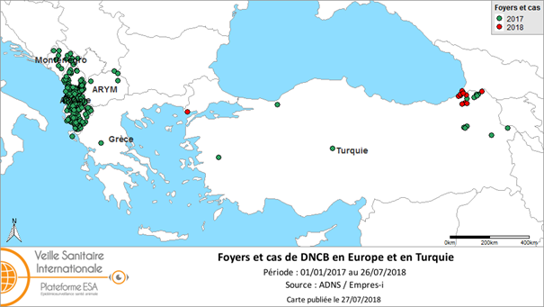 Figure. Localisation des foyers de DNCB déclarés à l’ADNS en 2017 et 2018 en Europe et en Turquie 