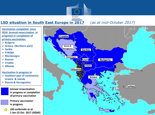 Figure. Situation de la DNCB (foyers et couverture vaccinale) en Europe en octobre 2017